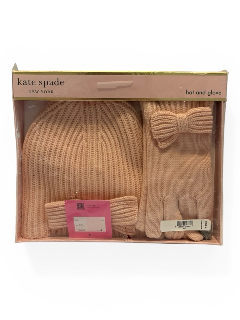 Kate Spade Blush Pink Knit Hat and Bow Glove Set